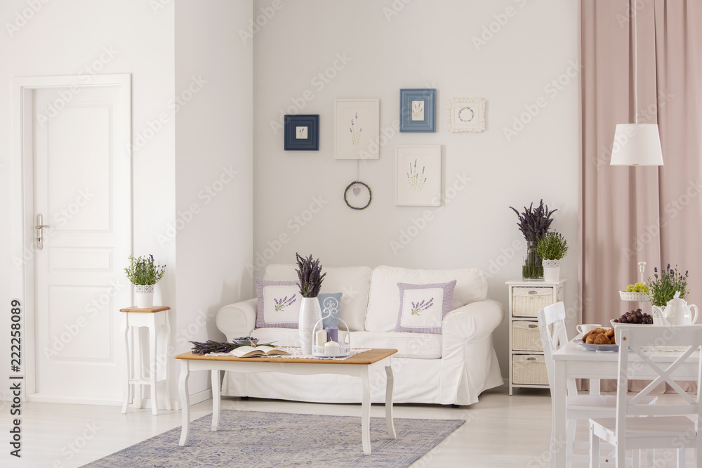 白色沙发上方的海报，宽敞平坦的室内，门附近的桌子上放着鲜花。真实照片