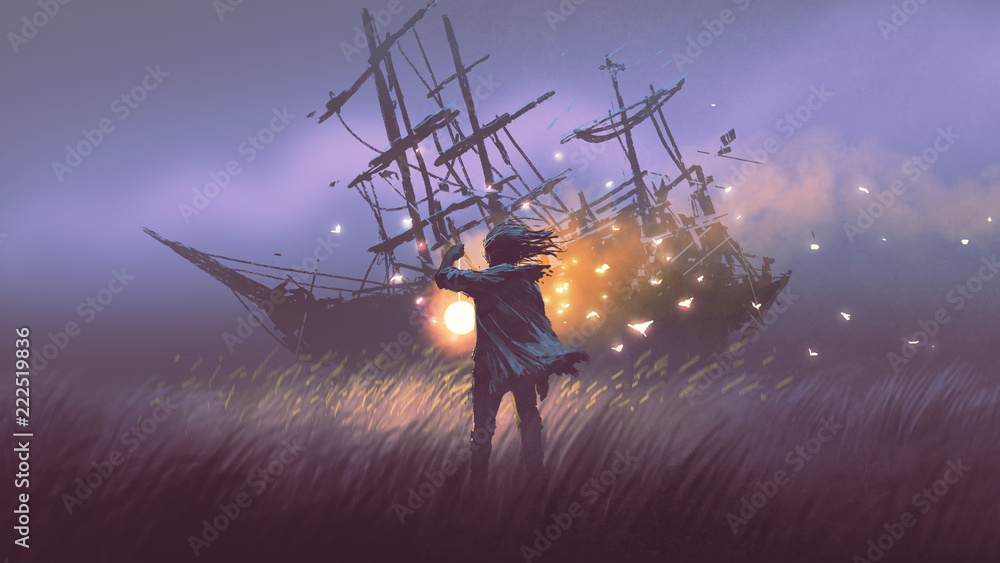 一个拿着魔灯的男人站在田野里看着沉船的夜景，数字艺术风格，