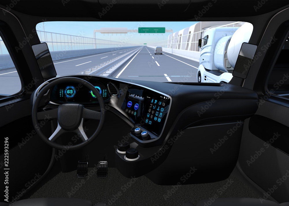 高速公路上自动驾驶卡车内部视图。3D渲染图像。