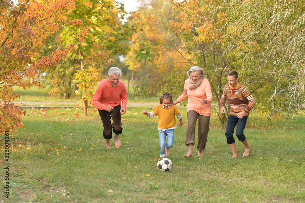 快乐大家庭在秋季公园踢足球