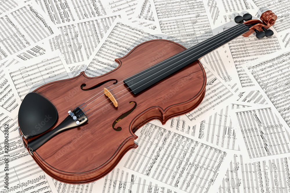 音符上的小提琴，3D渲染