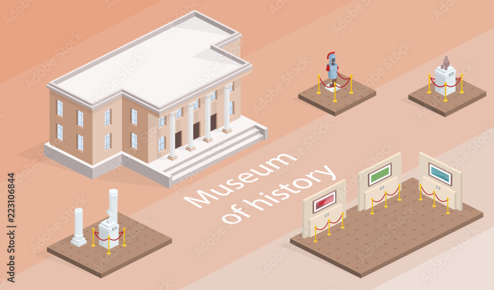 博物馆建筑和展览等角矢量插图。具有历史的孤立画廊元素