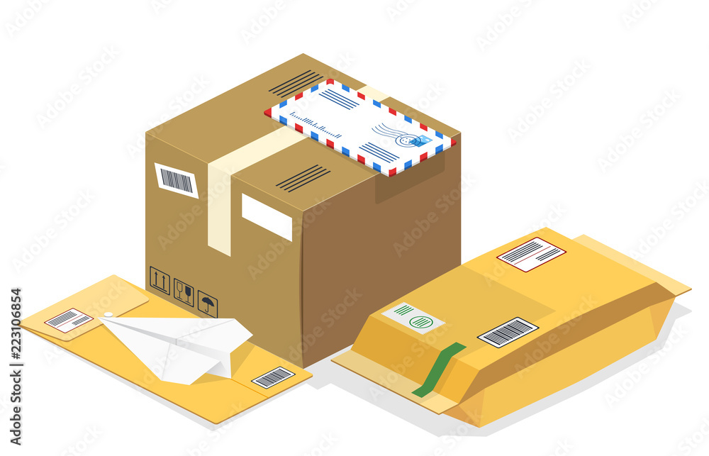 Vector realistic isometric illustration, a set of postal parcels, packages, registered letters, mail