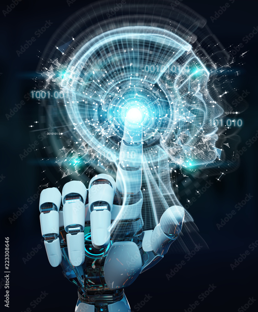 White cyborg hand creating artificial intelligence 3D rendering