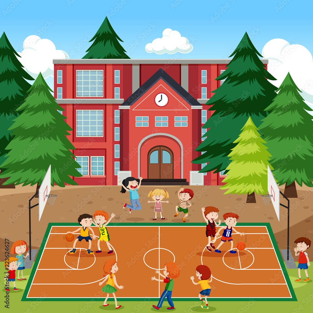 Children playing basketball scene