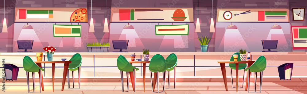 商场内的美食广场咖啡馆内部矢量图。寿司、披萨和快餐汉堡咖啡馆