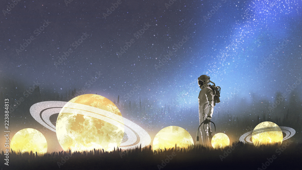宇航员在草地上看星星，数字艺术风格，插图绘画