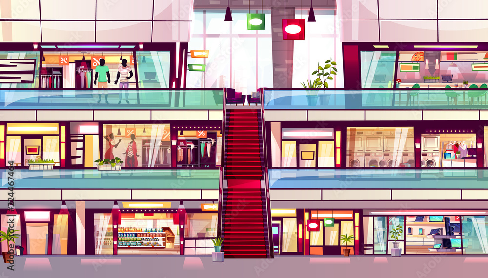 中间有自动扶梯的购物商店内部的购物商店矢量图。多层贸易
