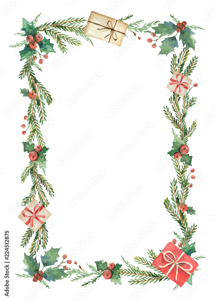 水彩矢量圣诞框架，带有冷杉树枝和文本放置处。