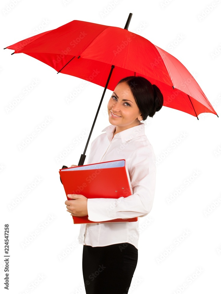 年轻女商人西装配红伞肖像