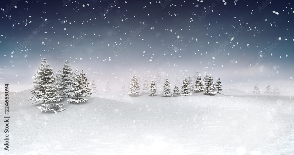 夜间降雪的冬季季节性景观，雪域平静的自然3D插图渲染