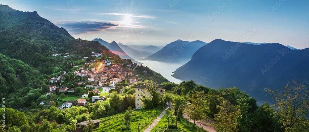 Village of Brè. Switzerland, May 12, 2018. Beautiful view of village in the early morning from Monte