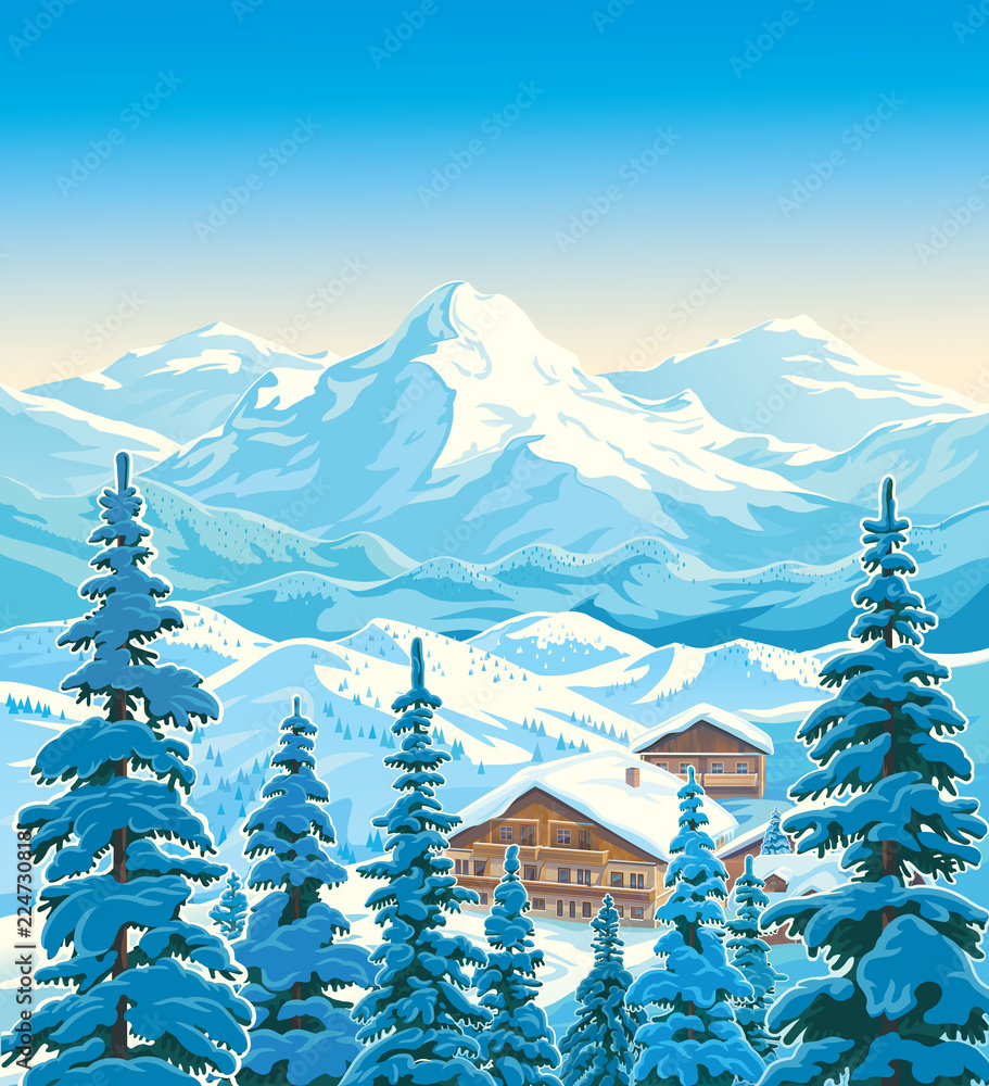 前景为冷杉树的冬季山地景观，房屋与酒店相似