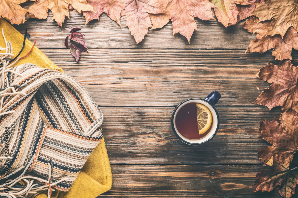 秋季时尚季节性概念毛衣开衫斯堪的纳维亚针织围巾杯热红茶