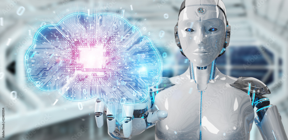 机器人在数字大脑3D渲染中创造人工智能