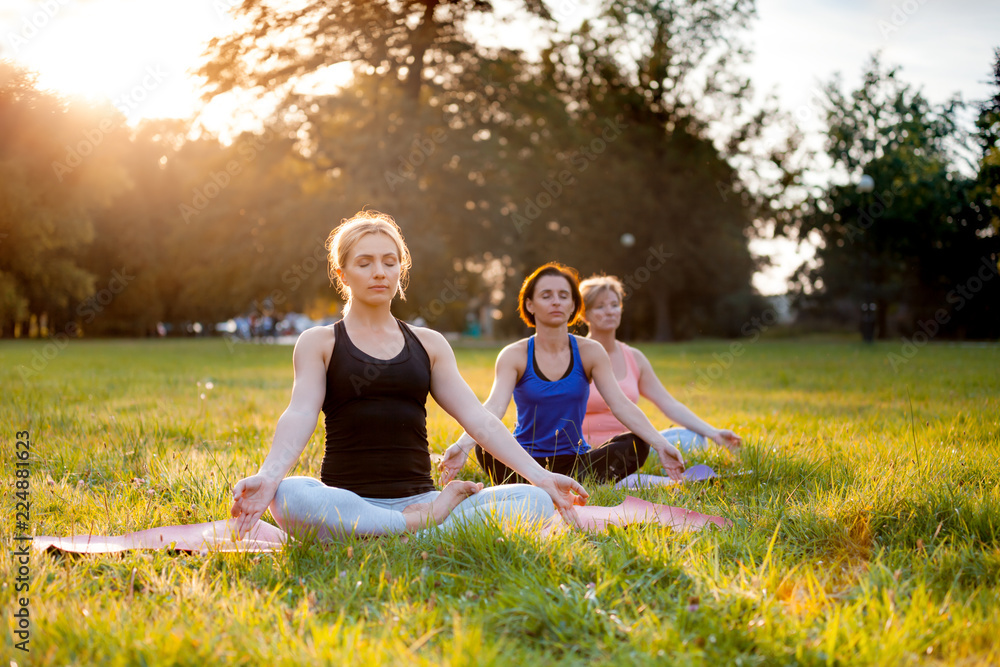 公园里的瑜伽，一群混合年龄的女性在日落时练习瑜伽和冥想