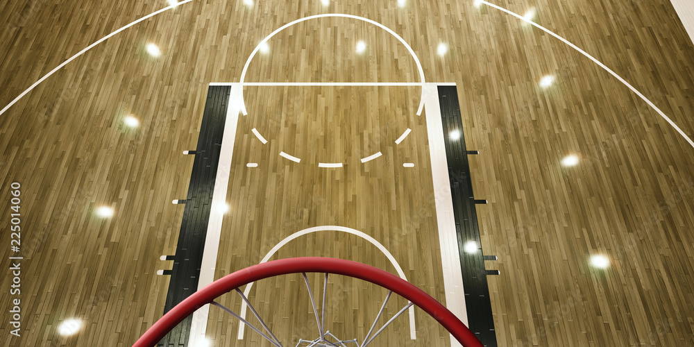 带3D篮球篮的专业篮球场。篮球篮俯视图