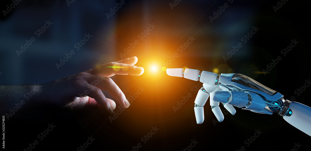 白色机器人手指即将触摸人类手指3D渲染
