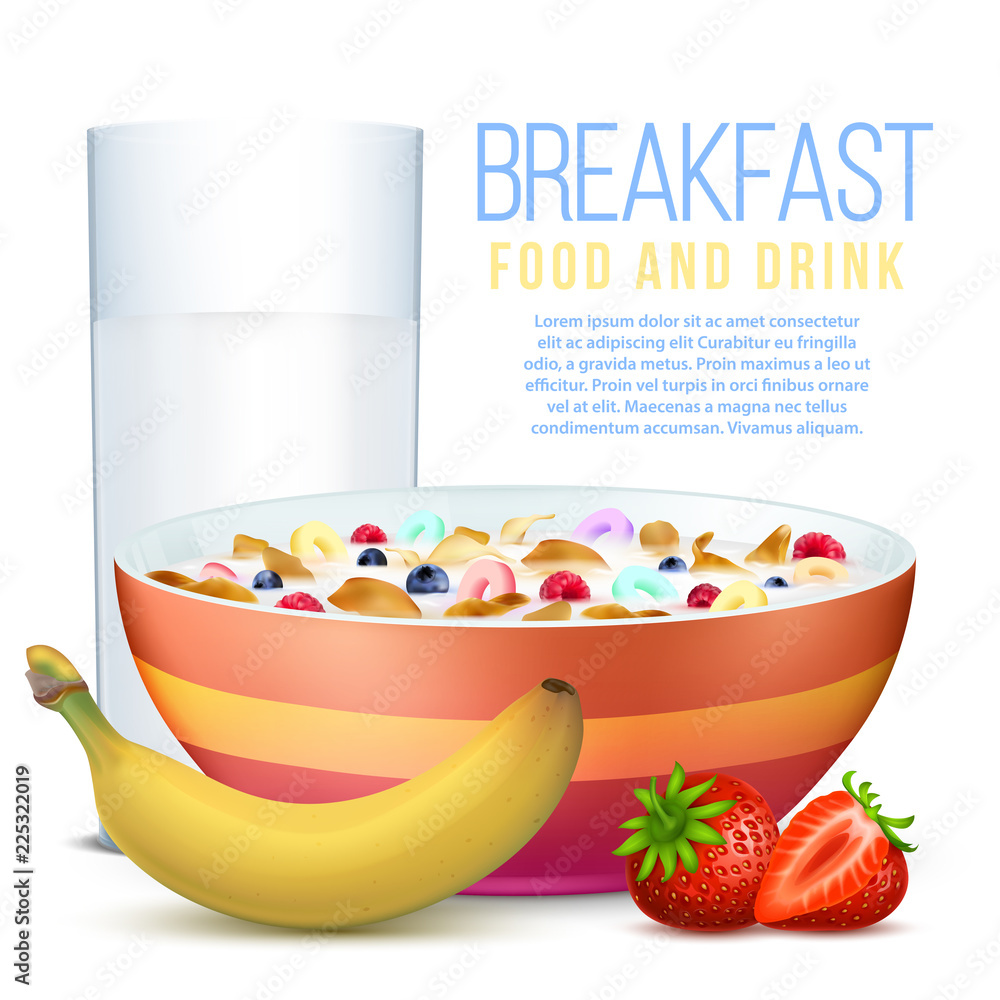 健康早餐，搭配逼真的水果、一碗薄片和一杯牛奶矢量插图