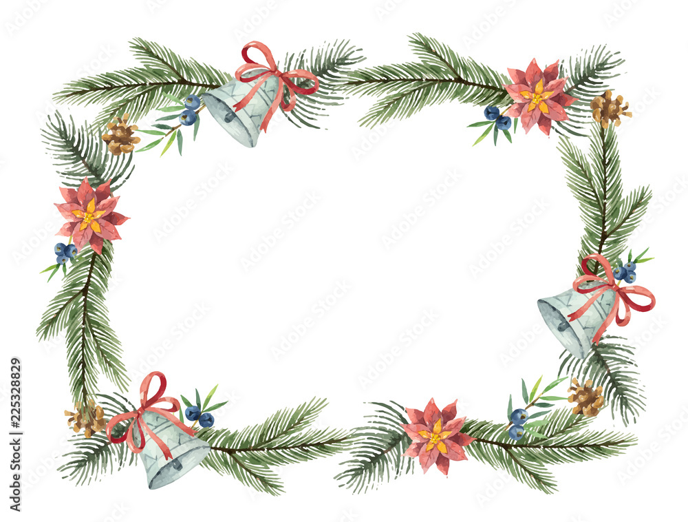 水彩矢量圣诞花环，带有冷杉树枝和文字。