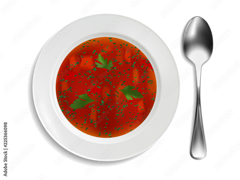 白色瓷盘，白底红汤和欧芹。写实风格。矢量插图