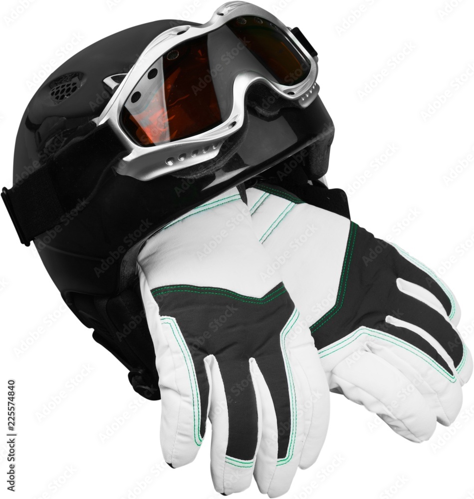带护目镜和滑雪手套的滑雪头盔-隔离