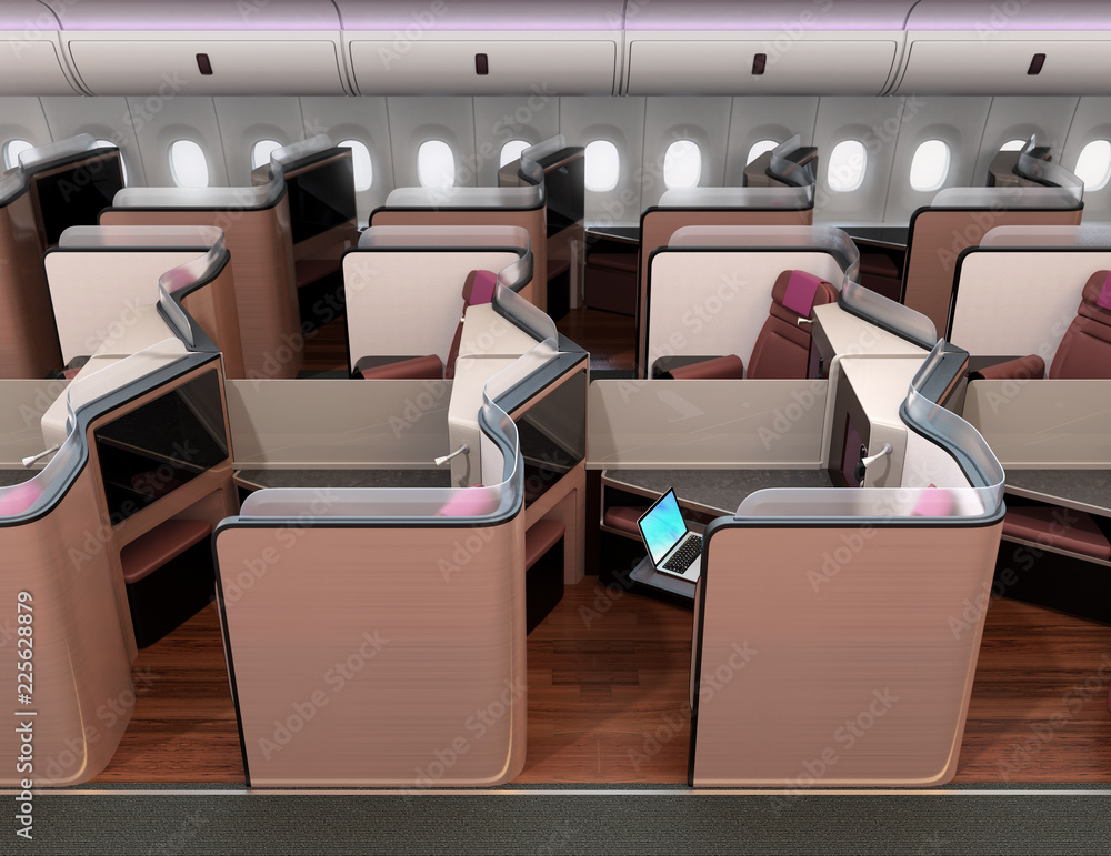机舱内豪华商务舱套房的侧视图。3D渲染图。