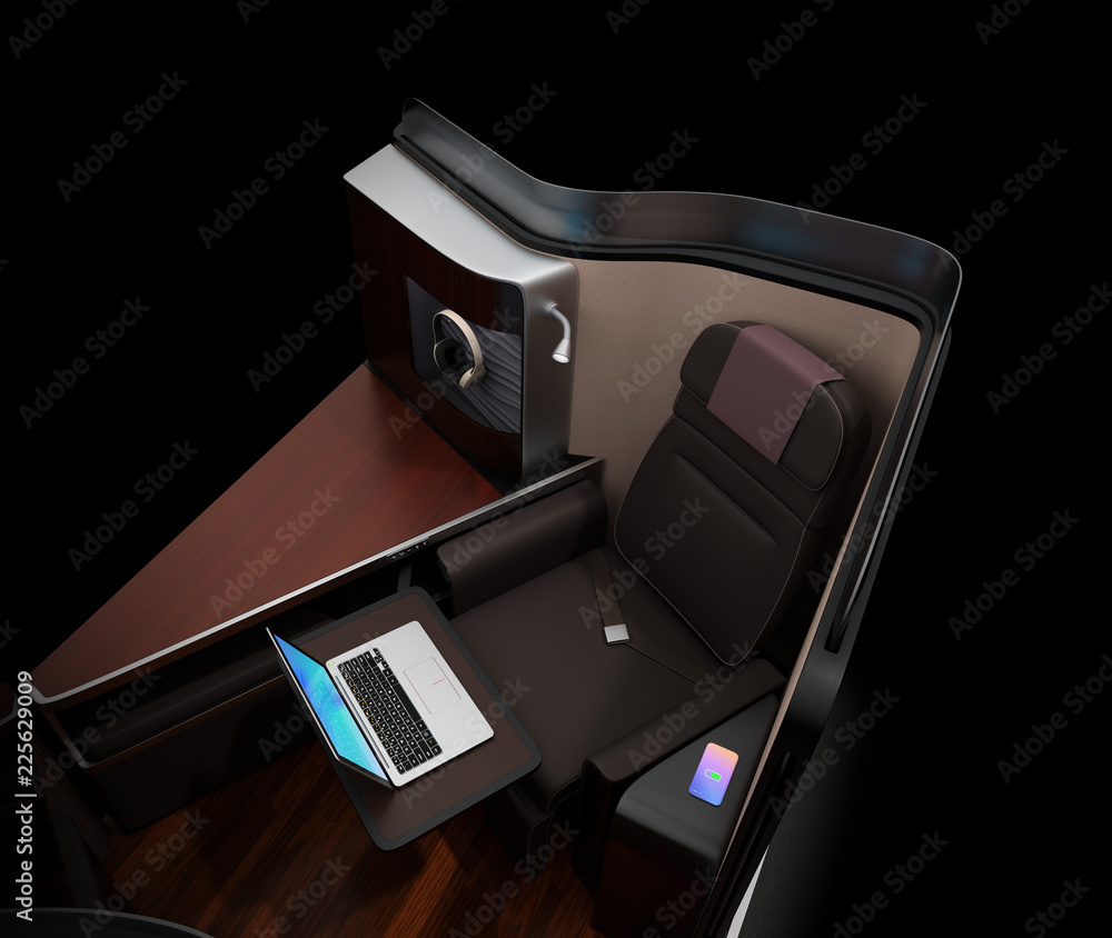 黑色背景豪华商务舱套房内部。托盘桌上的笔记本电脑。3D效果图