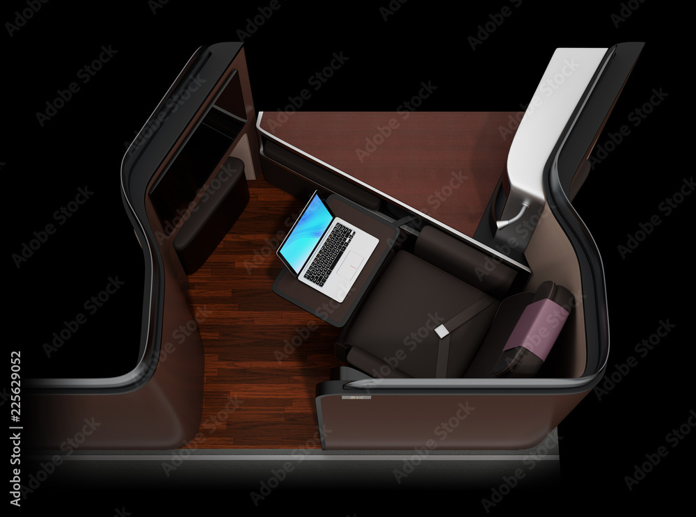 黑色背景的豪华商务舱套房内饰。托盘桌上的笔记本电脑。3D效果图