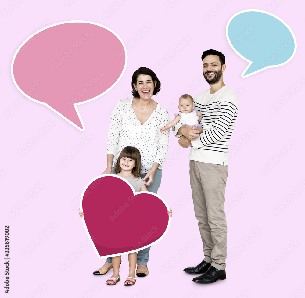 Happy family surrounded by speech bubbles