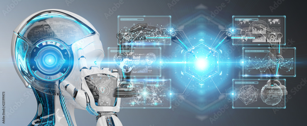 白人女性机器人使用带有数字屏幕3D渲染的机器人手臂
