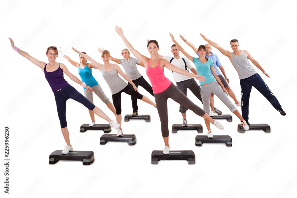 Class doing aerobics balancing on boards