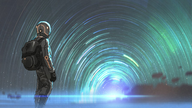 宇航员站在星空隧道入口前的科幻场景，数字艺术风格