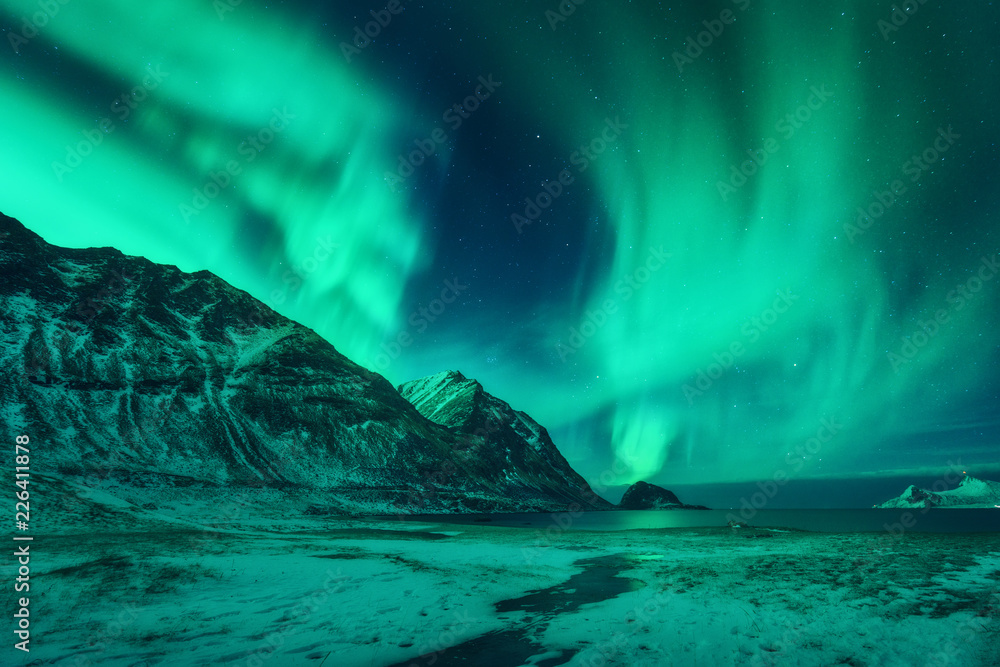 挪威罗弗敦群岛的北极光。绿色北极光。带极光的星空。Nig