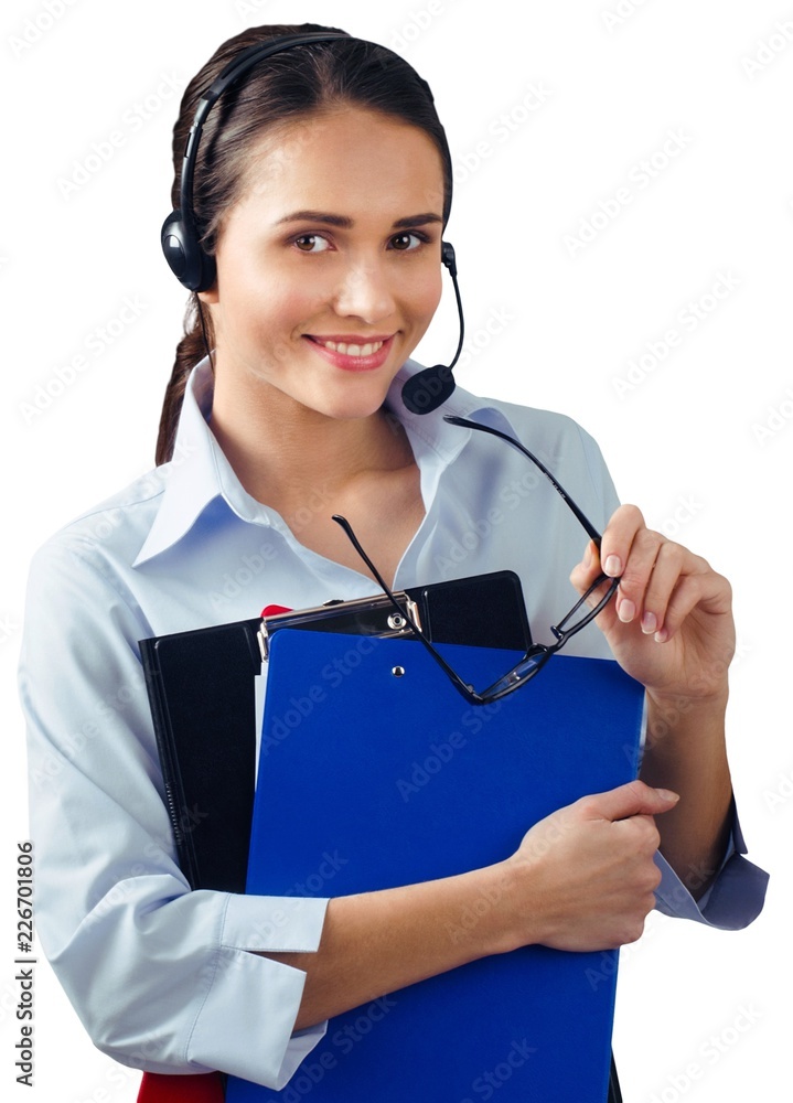 Woman Talking on Headset and Holding Clipboards and Glasses -