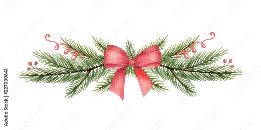 水彩矢量圣诞花环，绿色冷杉树枝和红色蝴蝶结。