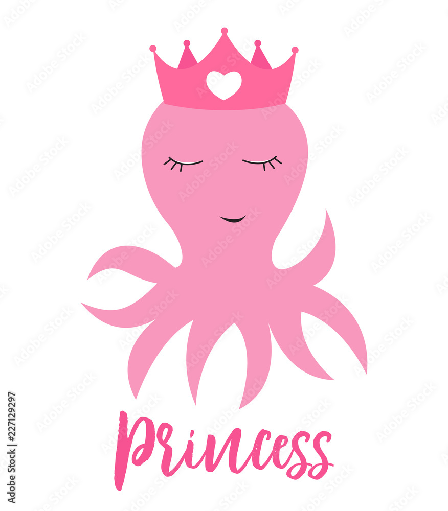 小可爱的章鱼公主，带皇冠，用于卡片和衬衫设计。矢量插图