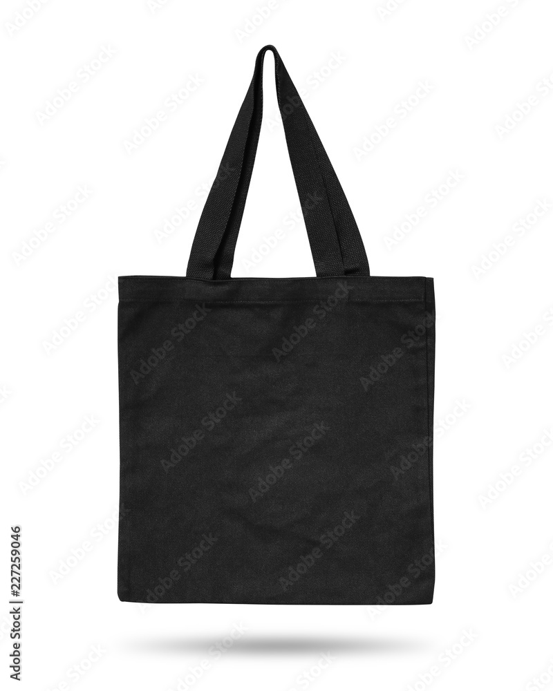 Black fabric bag isolated on white background. Cloth handbag for your design. Recycled material. Cli