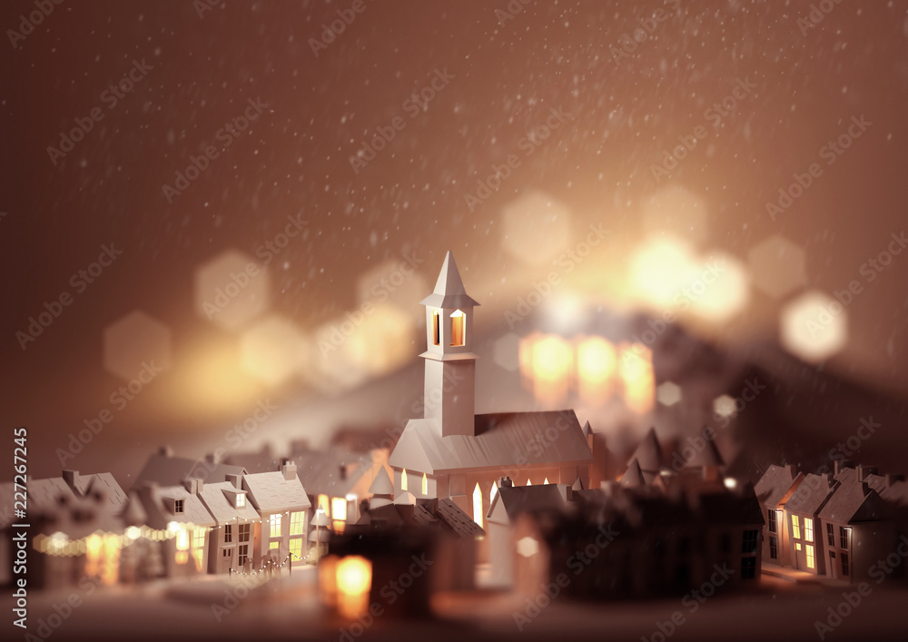 圣诞夜有房子和教堂的圣诞小镇模型。3D插图。