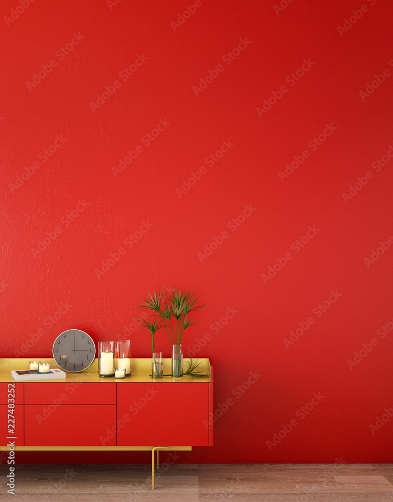 客厅或接待处的室内设计，木地板和红色背景的橱柜/3d illu