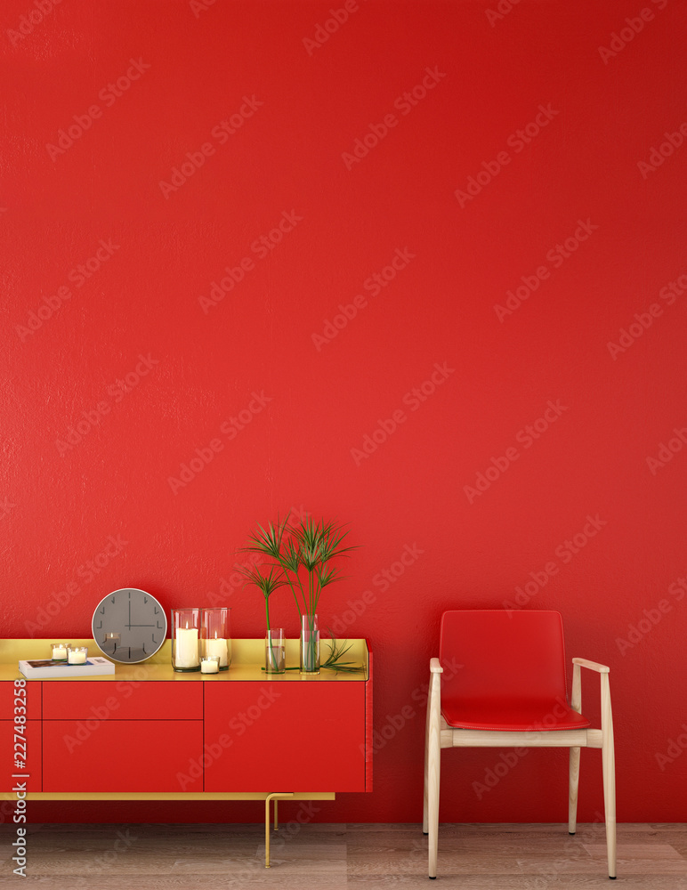 生活区或接待处的室内设计，木地板和红色背景的橱柜/3d illu