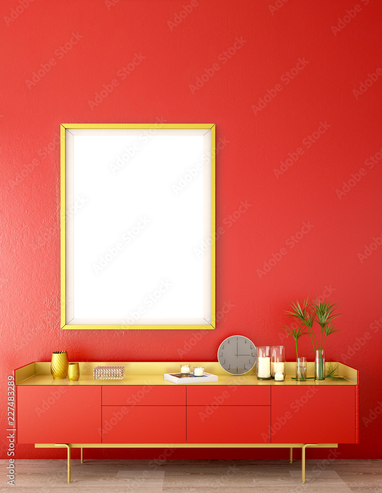 客厅或接待处的室内设计，木地板和红色背景的橱柜/3d illu