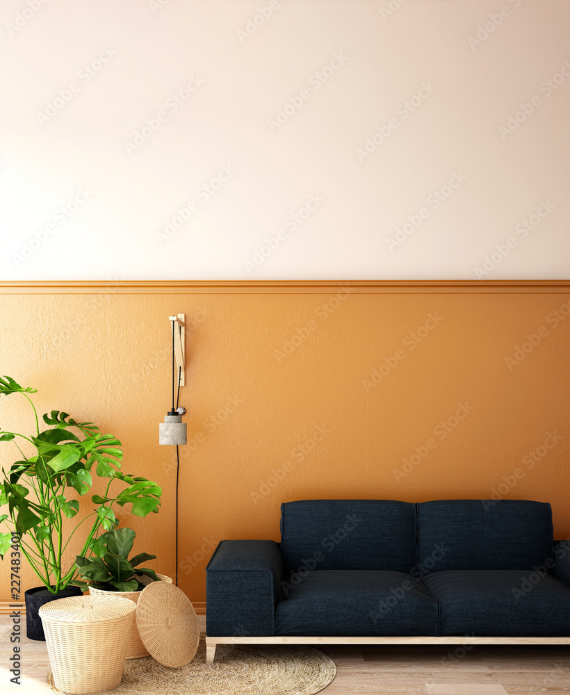 客厅或接待处的室内设计，木地板和橙色背景的橱柜/3d i