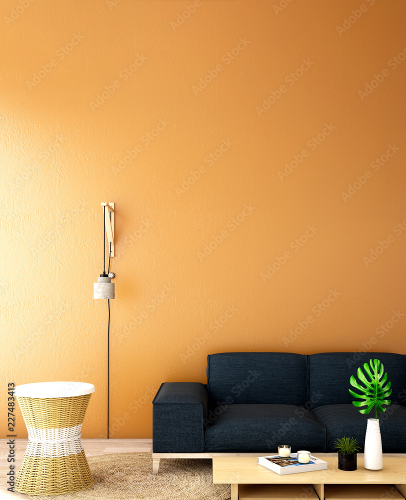 客厅或接待处的室内设计，木地板和橙色背景的橱柜/3d i