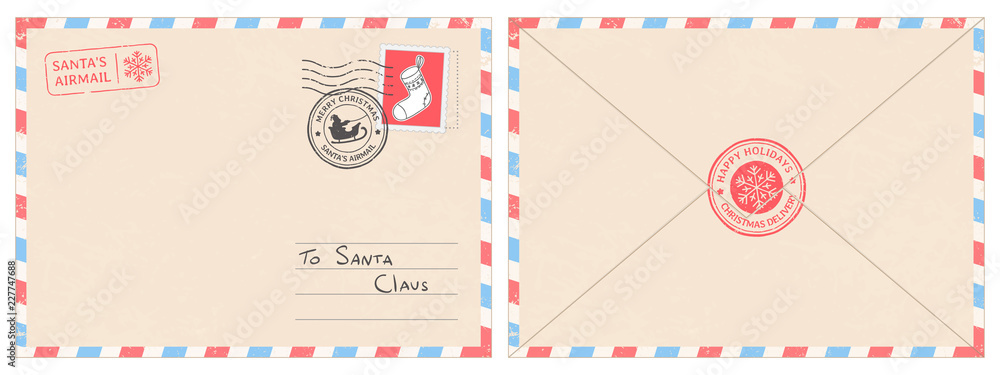 亲爱的圣诞老人邮件信封。圣诞惊喜信，北极邮戳为c的儿童明信片