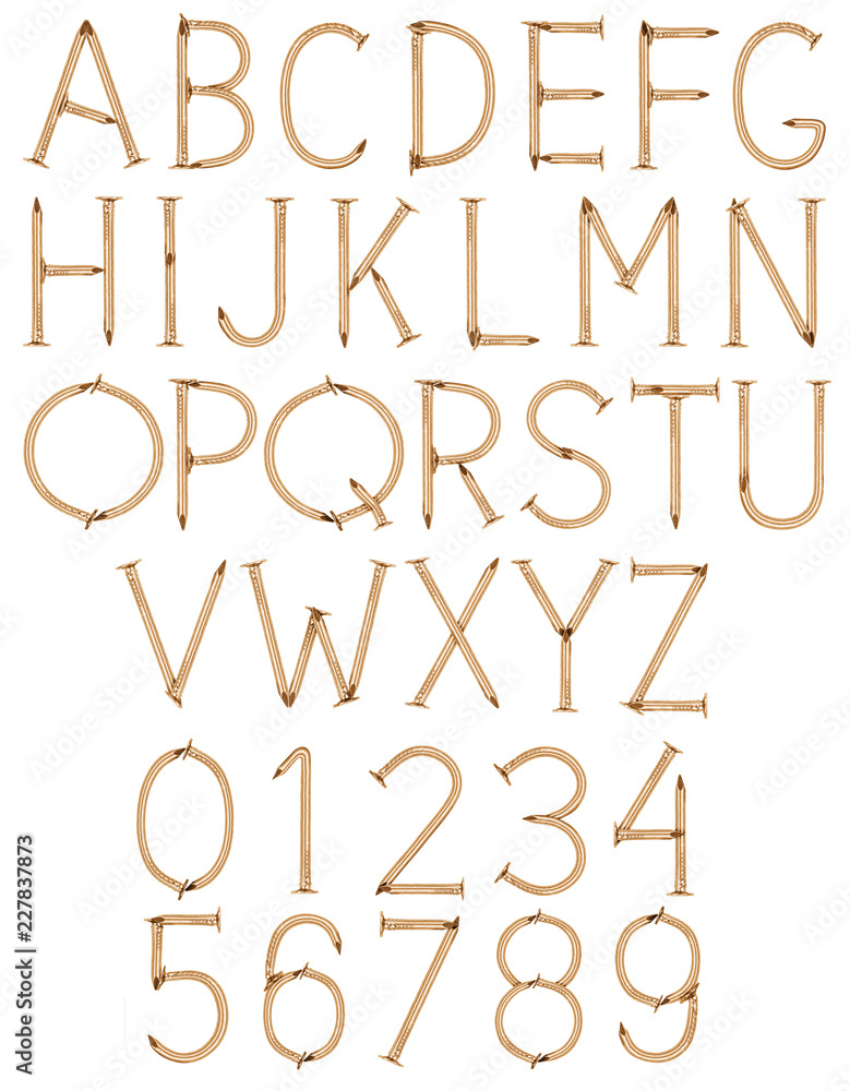 Alphabet and numbers made of golden nails on white background