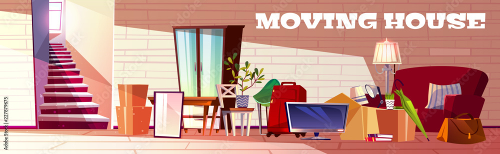 搬家卡通矢量概念，包括装满盒子的家居用品、行李袋、家用植物和f