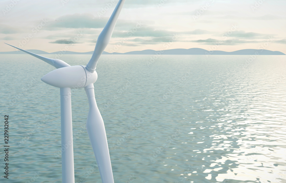 带海洋3D渲染的电力和生态电力风车涡轮机