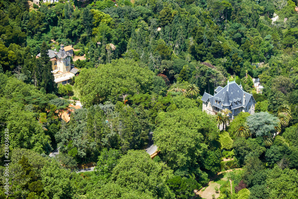 从葡萄牙辛特拉辛特拉山脉看到的比斯特小屋和雷焦奥的鸟瞰图