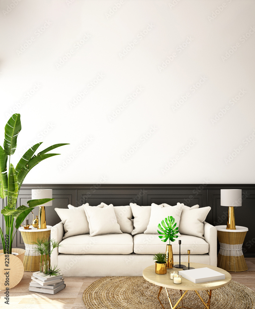 客厅或接待处的室内设计，沙发、植物、侧桌、木地板上的道具和白色